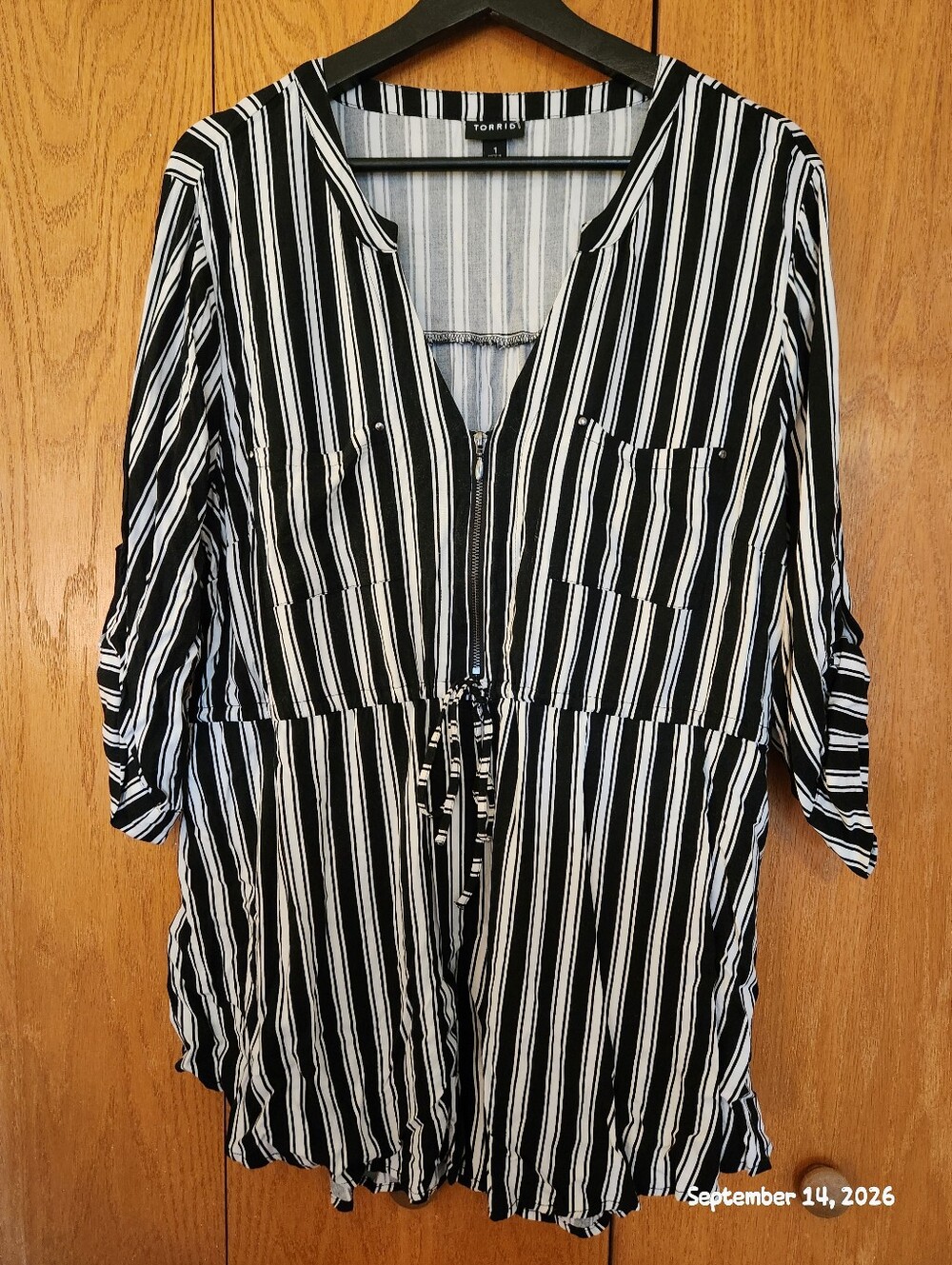 Torrid Black and White Vertical Stripe Drawstring Tunic
